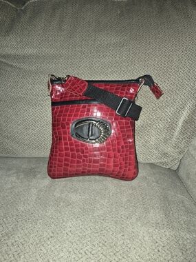 Raphael Red Croc-Embossed Leather  Crossbody Bag with Decorative Buckle